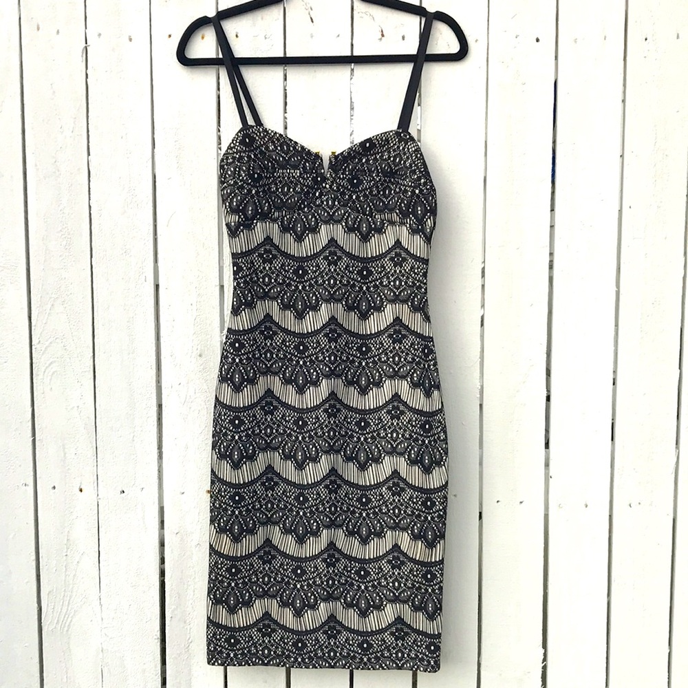 Guess Los Angeles black & white cocktail dress. Lacey, gold accent, like new.